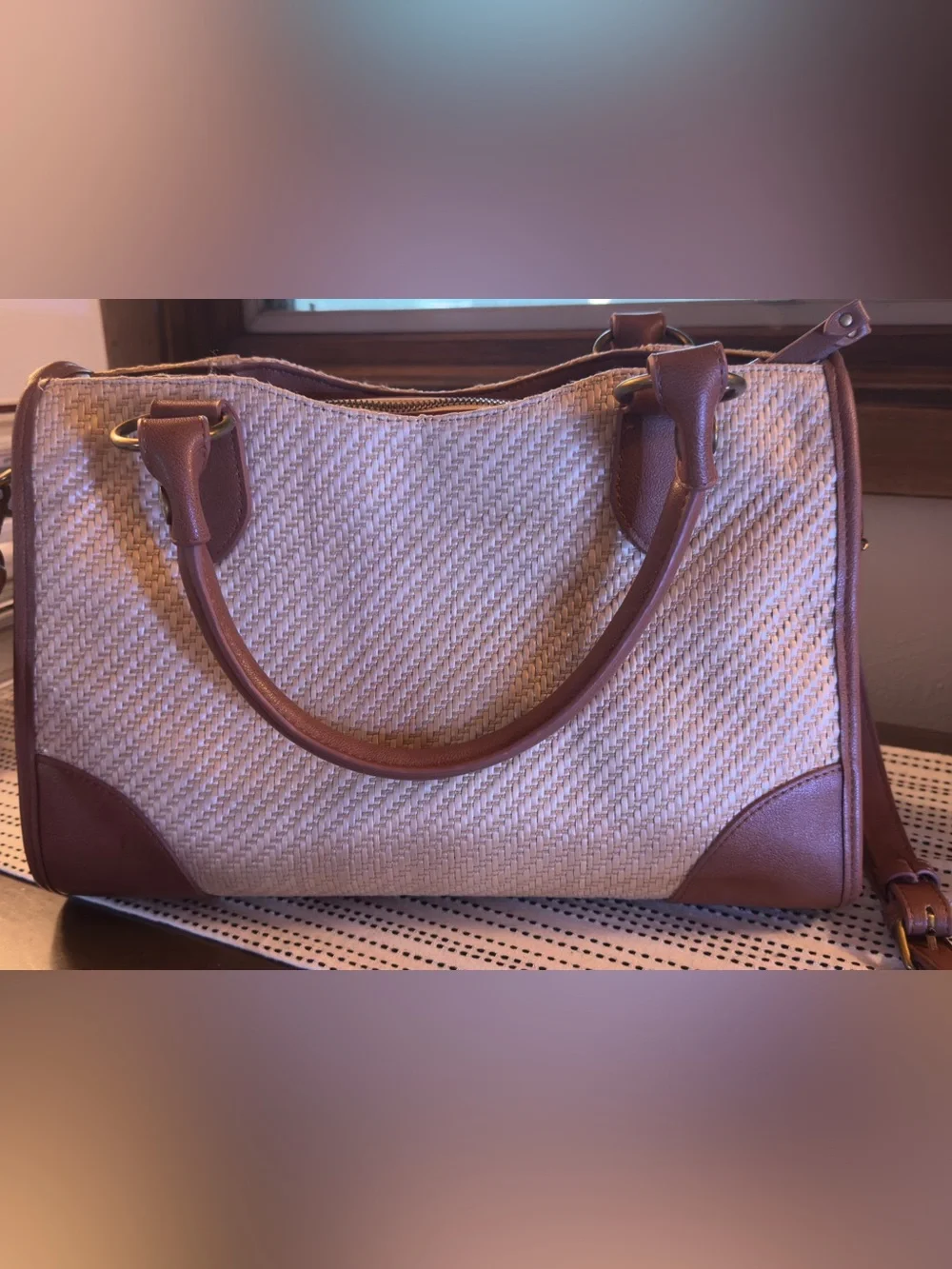 Frye and Co Straw Tote Handbag in Brown and Cream